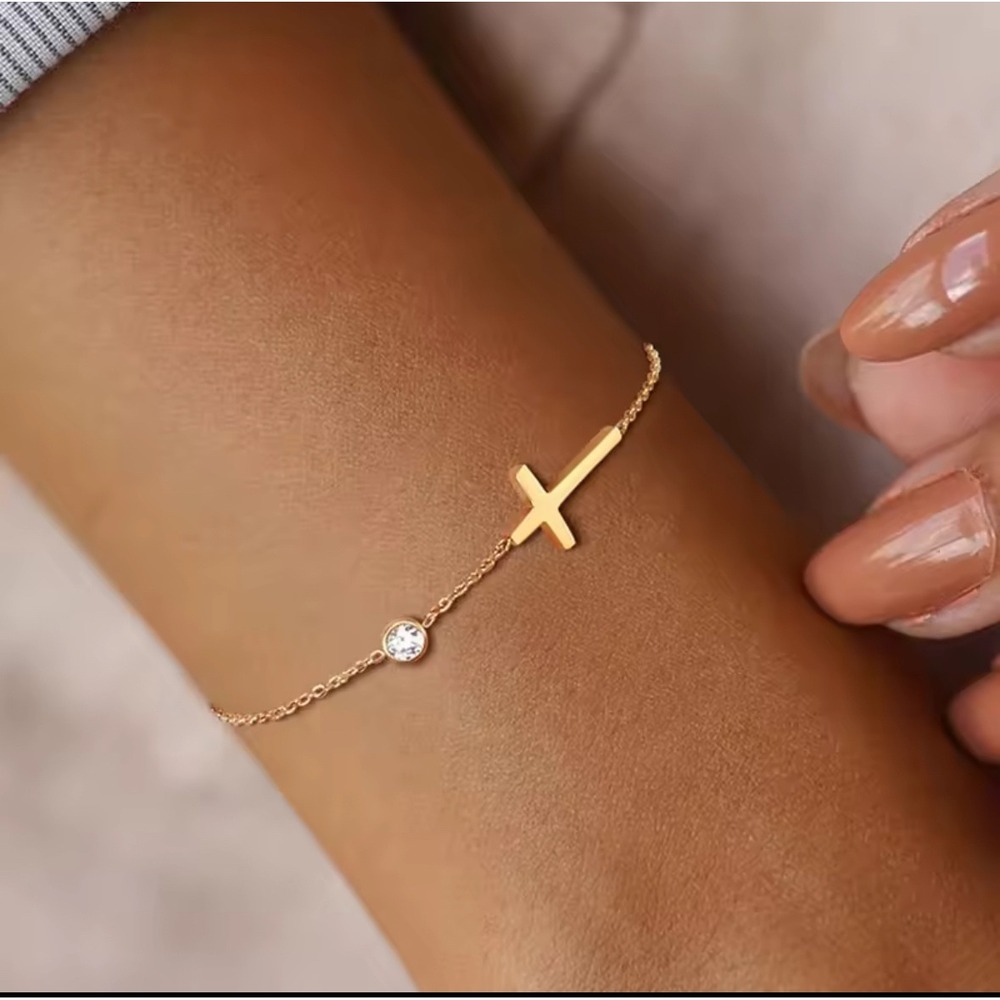Cross Bracelet 14k Stainless Steel Tarnish Resistant Bracelet hypoallergenic 7in - Picture 2 of 6